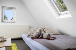 - une chambre avec un lit avec deux oreillers et une fenêtre dans l'établissement Gesamte Unterkunft - Büro - Küche - Netflix, à Nuremberg
