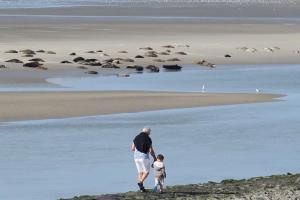Ein Mann und ein Kind spazieren am Strand in der Unterkunft Studio à deux pas de la mer in Berck-sur-Mer