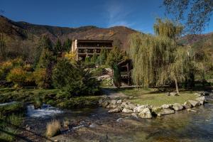 a view of a river with a building in the background at Pensiunea Retezat in Rîu de Mori