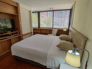 a bedroom with a large bed and a television at Apartamentos Costanera Centre in Santiago