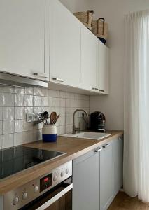 uma cozinha com armários brancos e um lavatório em Wohlfühl-Apartment am Paradiesberg em Radebeul