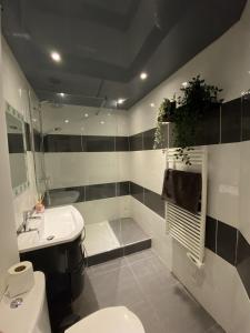 カーニュ・シュル・メールにあるAppartement moderne 2 piècesのバスルーム(トイレ、洗面台、バスタブ付)