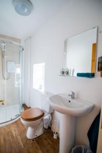 a bathroom with a sink and a toilet and a shower at Carleys Cottage in Fanore