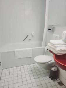 a white bathroom with a toilet and a bath tub at Kaiserburg Apartment in Nuremberg