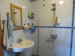 uma casa de banho com um lavatório e um chuveiro em Saunaga külalistemaja, Tartust 9km kaugusel 