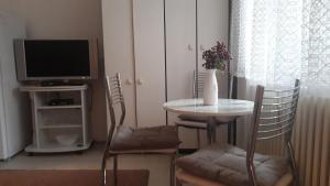 Habitación con mesa, sillas y TV. en Studio apartment Vrbas, en Vrbas