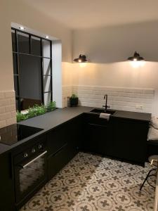 a kitchen with black cabinets and a sink and a window at Boutique Gästehaus Guestel in Krems an der Donau