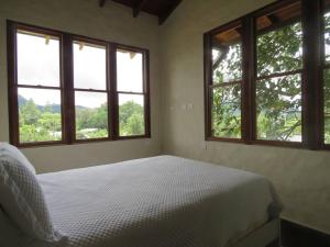 sypialnia z 2 łóżkami i 3 oknami w obiekcie Vista Gaital/ Gaital View w mieście Antón