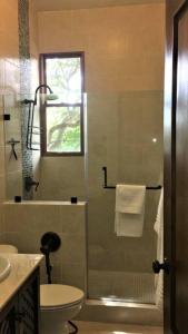 y baño con ducha, aseo y lavamanos. en Vista Gaital/ Gaital View en Antón