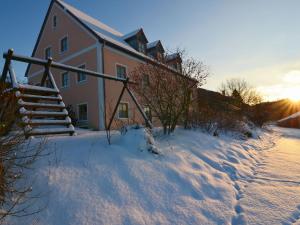 a house in the snow with a staircase in front at Ferienhaus mit Wellnessbereich in Schönsee