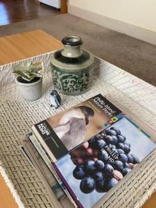 a magazine and a vase on a table at Family cottage with Spa in Cowes