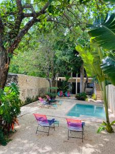 a group of chairs sitting around a swimming pool at Hotelito YUM KAAX in Mérida