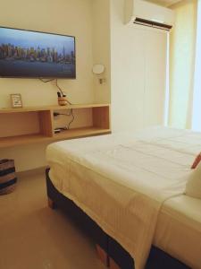 um quarto com uma cama e uma televisão de ecrã plano em Moderno, ubicación estratégica. em Bucaramanga
