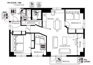 札幌市にあるNK BLD7F Sapporo 3LDK 3BR 1 floor 1 roomの白黒の家屋図