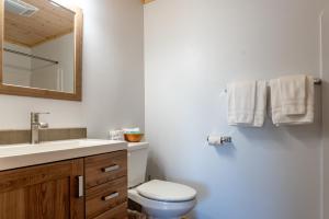 a bathroom with a toilet and a sink and a mirror at Terimore Lodging by the Sea in Tillamook