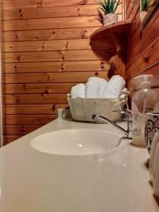 bagno con lavandino e cesto di asciugamani di Tal Nof Cabins a Manot