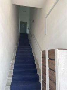 un couloir avec des escaliers bleus recouverts de moquette dans un bâtiment dans l'établissement The Palace Guest House, Seri Gading Batu Pahat, à Batu Pahat