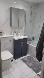 ein Badezimmer mit einem Waschbecken, einem WC und einer Badewanne in der Unterkunft Transom Close in London
