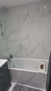 a bathroom with a white tub with a glass wall at Transom Close in London