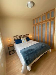 een slaapkamer met een groot bed en een blauwe deken bij Casita Capri in Ciudad Juárez