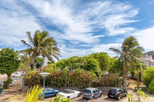a row of parked cars in a parking lot with palm trees at Tikaz Ravine à St Pierre in Saint-Pierre