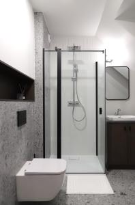 W łazience znajduje się prysznic, toaleta i umywalka. w obiekcie Apartamenty Legionów 40A - A27 w Kaliszu