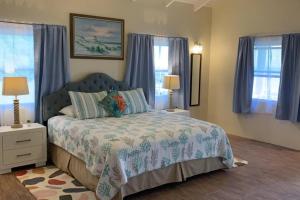 1 dormitorio con 1 cama, 2 lámparas y cortinas azules en The Pearl - Spacious Air Conditioned 3BD, 2BTH Villa with Gorgeous Views, en Old Road