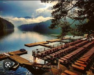 a group of wooden docks on a body of water at Cabana Vânătorilor din Valiug in Văliug