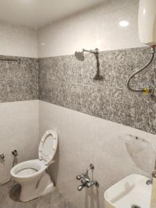 a bathroom with a toilet and a shower at Hotel Skyland in Ahmedabad