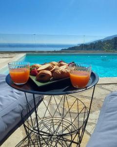 a table with a plate of food and two glasses of orange juice at Apollo Romantic Sea View Villa in Kiveri