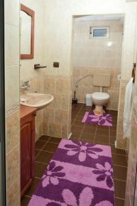uma casa de banho com lavatório, WC e tapete roxo em Зелената Къща 