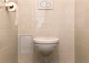 aseo blanco en el baño con dispensador de papel higiénico en Cozy Danube Room - 15 mins to Downtown, en Viena