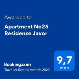 Сертификат, награда, табела или друг документ на показ в Apartment No25 Residence Javor