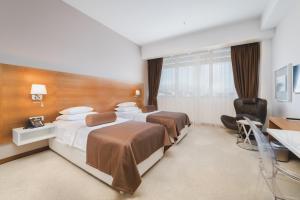 Pokój hotelowy z 2 łóżkami i biurkiem w obiekcie Hotel Aurel w mieście Podgorica