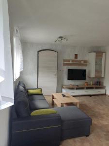 a living room with a blue couch and a table at Ferienwohnung am Olbasee in Malschwitz