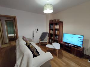 sala de estar con sofá blanco y TV en Inmocyma Los Almendros, en Castejón de Sos