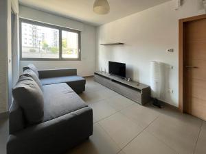a living room with a couch and a television at Sebeto Apartment in Naples