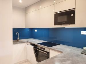 Una cocina azul y blanca con fregadero y lavavajillas. en Duplex 250 m from Market Square, en Wroclaw 18 fotos más