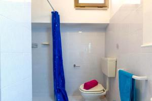 baño con aseo y cortina de ducha azul en Appartamento Attico Vespucci - MyHo Casa, en Tortoreto Lido