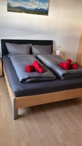 1 cama grande con 2 almohadas rojas. en Ferienwohnung Rüth en Kall