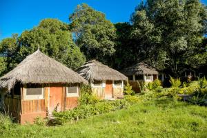 a group of huts with thatched roofs in a field at Giraffe Hills Mara Camp in Masai Mara