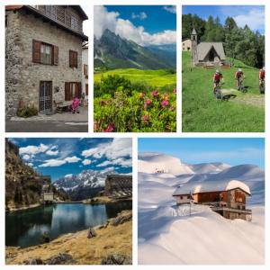 un collage di quattro foto di case e di una montagna di Stella alpina a Schilpario