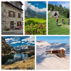 a collage of four pictures of houses and a mountain at Stella alpina in Schilpario