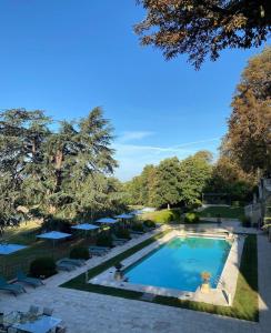 an aerial view of a pool with chairs and trees at Domaine Des Bidaudieres in Vouvray