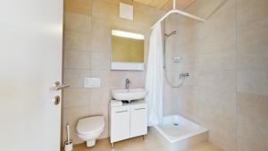 a bathroom with a sink and a toilet and a shower at Magnificent modern apartments in the city center in La Chaux-de-Fonds