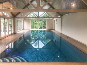 a swimming pool in a house with a window at Bradley Stables in Minehead