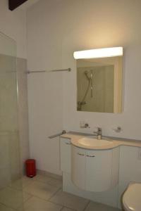 a bathroom with a sink and a mirror and a shower at Residenza Viramonte, Casa Daniela, Appartement 37 in Vira