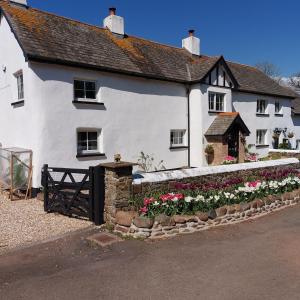 a white house with flowers in front of it at The Old Mill Cottage in Okehampton