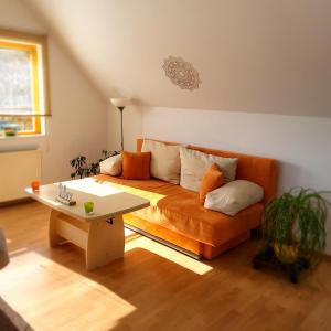 an orange couch in a living room with a table at Ferienwohnung MaLu in Aich