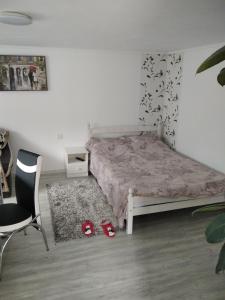 een slaapkamer met een bed, een stoel en een tapijt bij Căsuța Bunicilor in Dorna Cîndrenilor